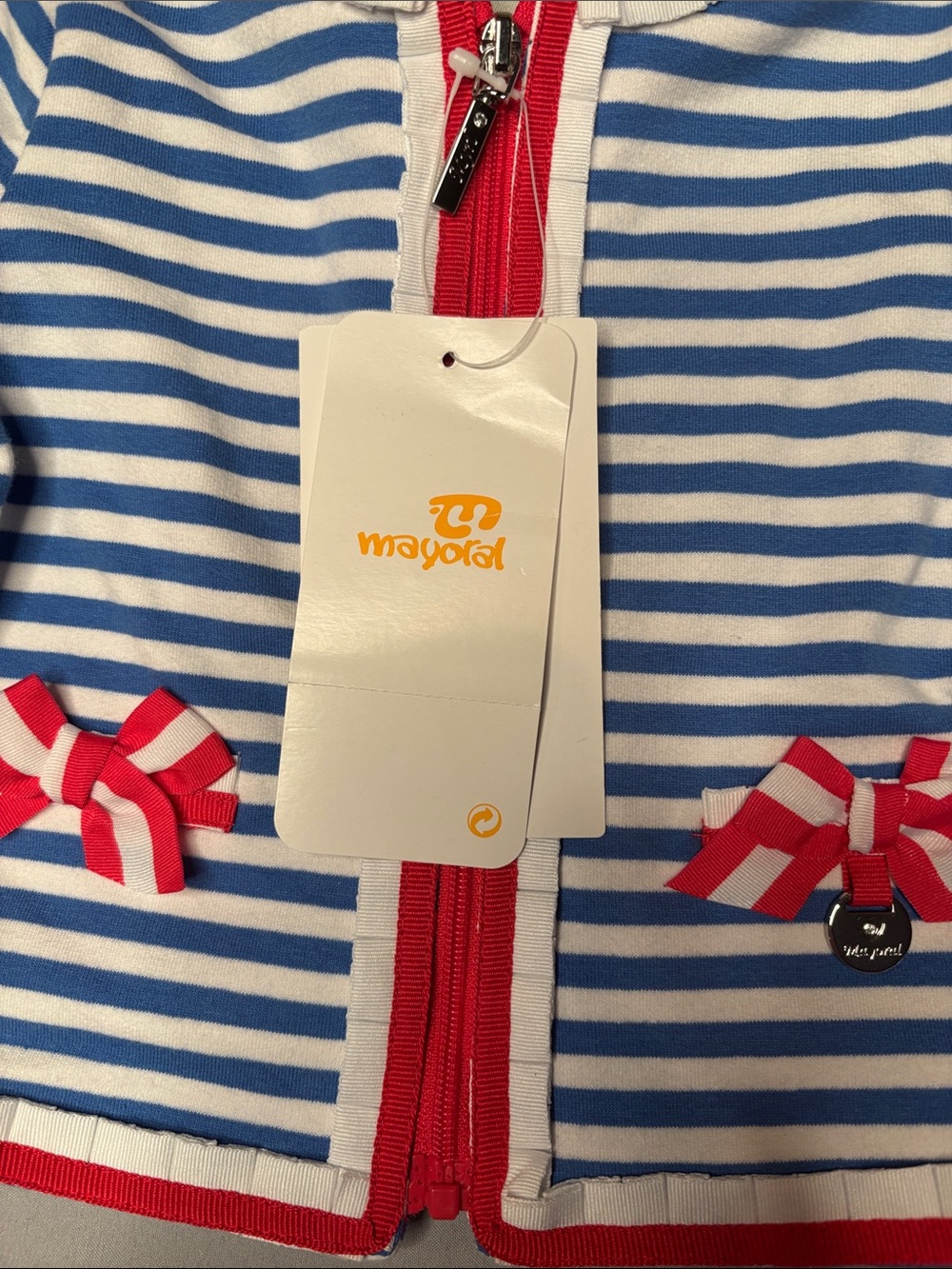 Mayoral Girl Toddler Blue Red White Striped Top Jacket Bows Size 62cm 3m NWT - Picture 6 of 15
